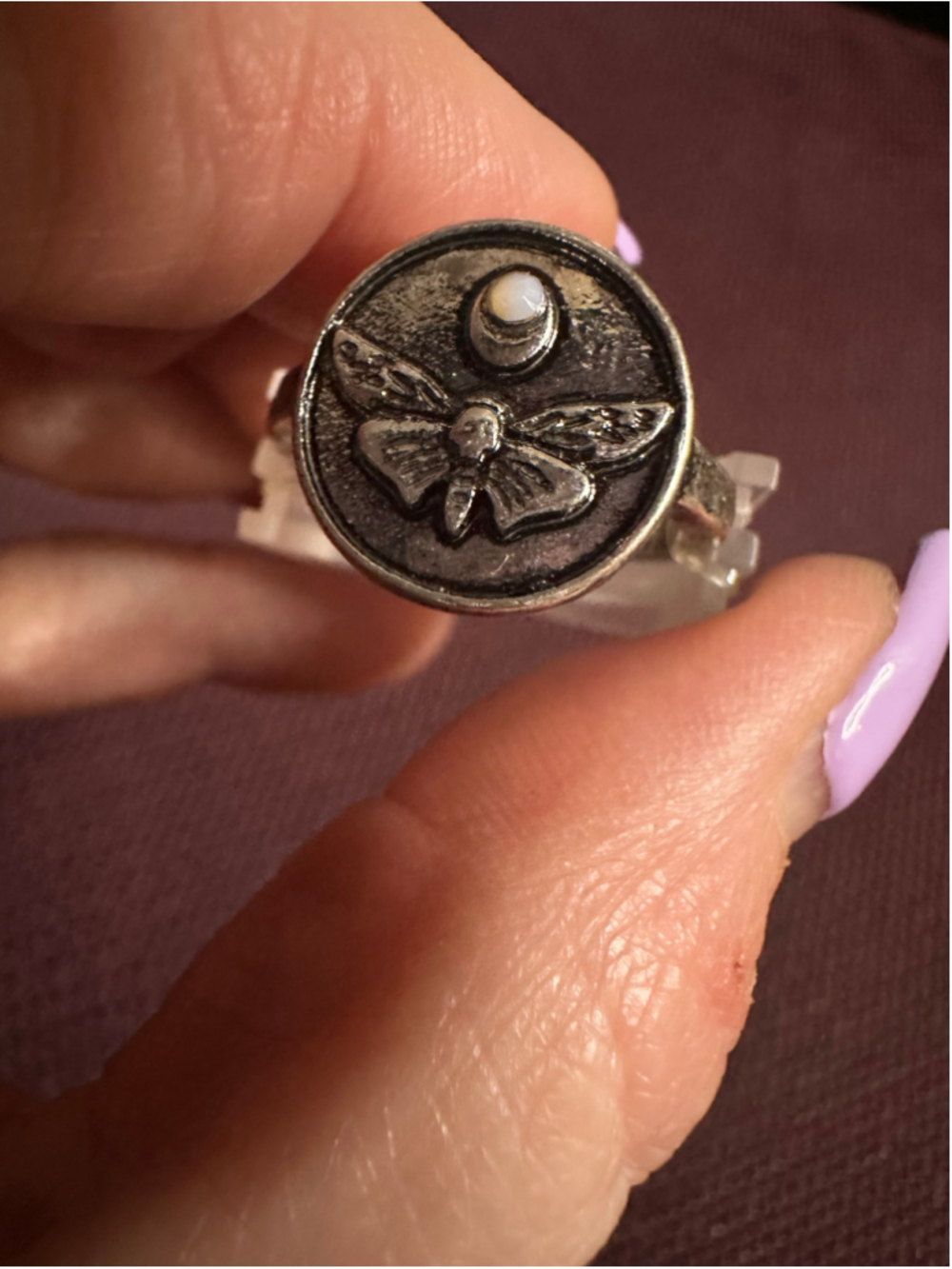 Silver and White Moth Ring, Size 8